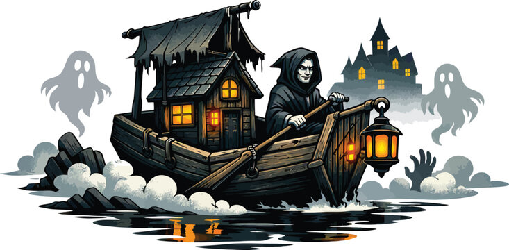 Grim reaper rowing a small wooden boat with a cabin past a spooky haunted castle