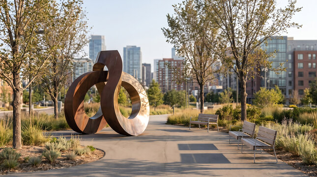 Contemporary Public Sculpture in a Landscaped Urban Park With Benches and City Buildings