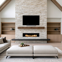 Fototapeta premium Spacious modern rustic living room with stone fireplace, wood shelving, neutral sofa, ottoman, and cozy atmosphere