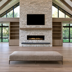 Fototapeta premium Modern rustic living room with stone fireplace, large windows, wood shelving, minimalist bench, and natural light create cozy, inviting atmosphere