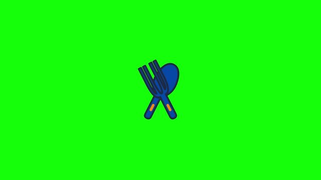 Blue stylized fork and spoon cutlery icon with orange accents crossed on a solid bright green screen background, minimalist kitchenware and restaurant symbol graphic illustration.
