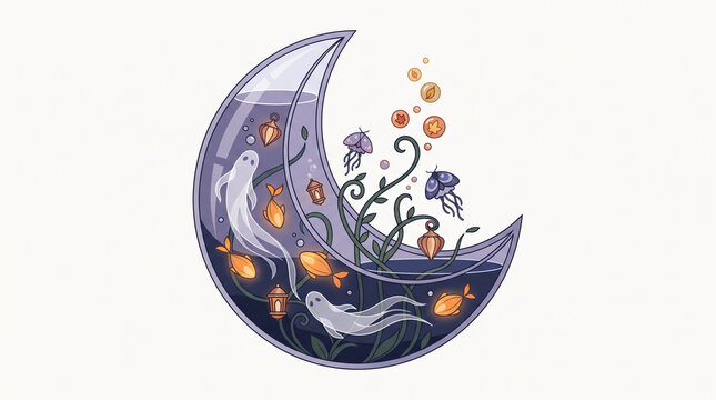 Whimsical Halloween crescent moon aquarium illustration with ghosts goldfish and autumn leaves
