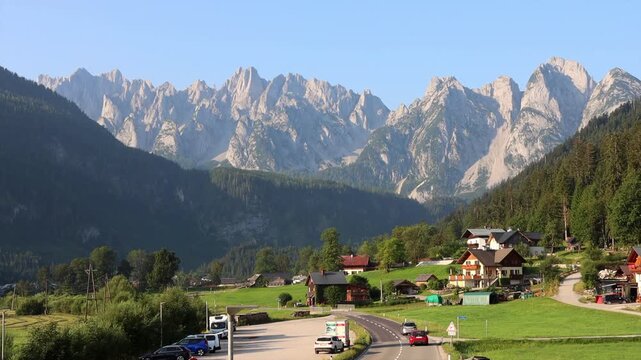Scenic Road Leading Toward Gro&szlig;e Bischofsm&uuml;tze Peak in Gosau, Austria.