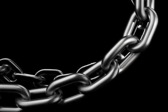 A heavy metal chain hangs securely against a dark black background