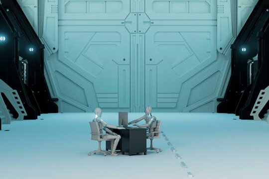 Humanoid robots work at a desk inside a futuristic scifi office