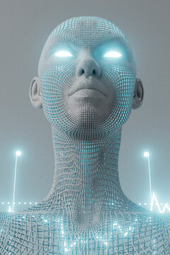 Futuristic 3D humanoid avatar analyzing digital finance data