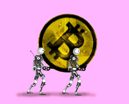 Artificial intelligence robots carry a large golden bitcoin