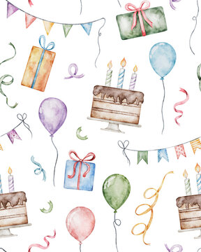 Festive watercolor birthday pattern, vibrant celebration background with gifts, balloons, cakes, and confetti, perfect for party invitations and wrapping paper.