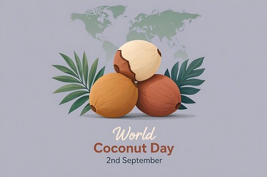 World Coconut Day Concept Banner with Fresh Whole Coconuts and Tropical Palm Leaves on Gray World Map Background