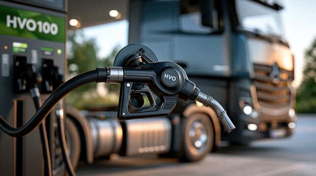 A modern diesel truck being refueled with HVO renewable diesel at a service station, close-up on fuel nozzle and "HVO100" label on the pump