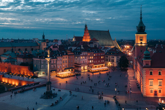 Aerial view of Warsaw old town during blue hour at dusk, Poland