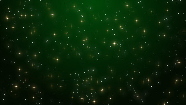 深緑の背景にキラキラ輝くゴールドの星々と微細な光の粒子の背景素材 / Glowing gold stars and fine sparkling particles on dark green background