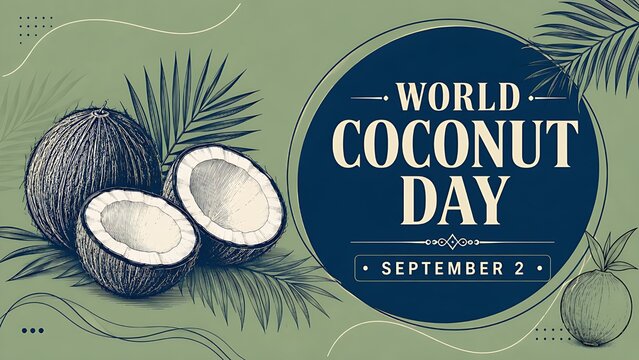 World Coconut Day Vintage Sketch Vector Banner with Hand Drawn Etching Coconuts and Palm Leaves