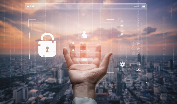 Concept of cybersecurity and data privacy. A secure login interface requires user authentication with a private password to protect personal account information and prevent fraud. Fermion