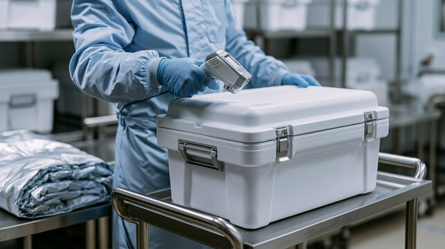 Food distribution worker verifying sealed insulated container integrity using a barcode reader in a clean refrigerated room