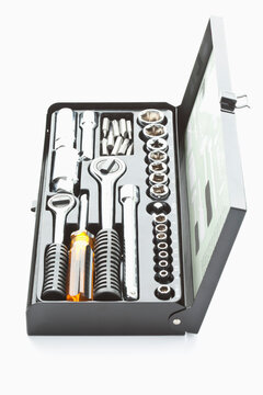 Socket wrench set on white background