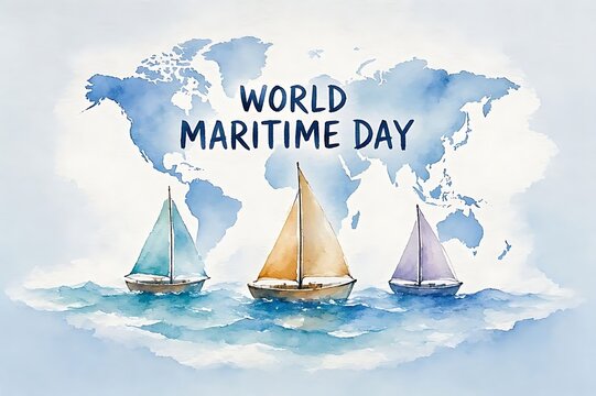 World Maritime Day Watercolor Banner with Three Colorful Sailboats on Ocean and Soft World Map Background