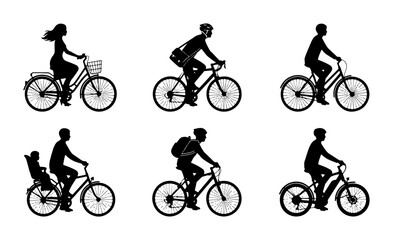 Naklejka premium Cyclist Silhouettes Collection: Diverse Riders on Bicycles, Urban Commute, Recreation, Vector Set