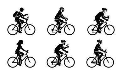 Naklejka premium Cycling Silhouettes, Bicycle Riders Set, Active Lifestyle Vector Icons, Diverse Cyclists Collection