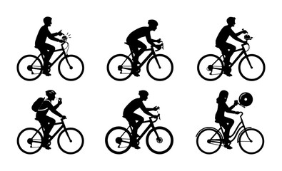 Naklejka premium Cyclist Silhouettes Set: Diverse Riders, Road Bikes, Mountain Bikes, Action Poses