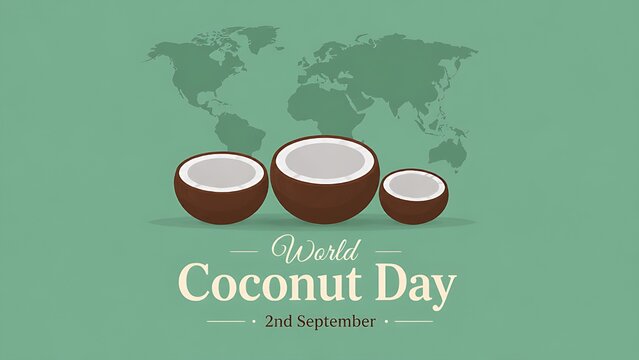 World Coconut Day Minimal Design Header with Sliced Coconut Halves on Sage Green World Map Background