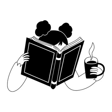 Woman reading a book and holding a hot coffee cup, Scandinavian black and white minimalist character illustration