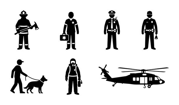 Emergency Services Icons: Firefighter, Paramedic, Police, K9 Unit, Hazmat, Helicopter