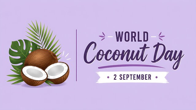 World Coconut Day Elegant Banner with Brown Coconuts and Tropical Monstera Leaves on Lavender Purple Background