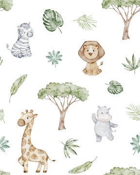 Watercolor seamless pattern with cute african animals. Safari giraffe, lion, zebra, elephant, hippo and palm leaves. Hand drawn kids fabric and textile, nursery.