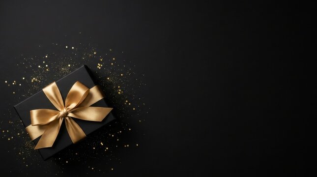Top view flat lay of black gift box with gold ribbon and confetti on dark background