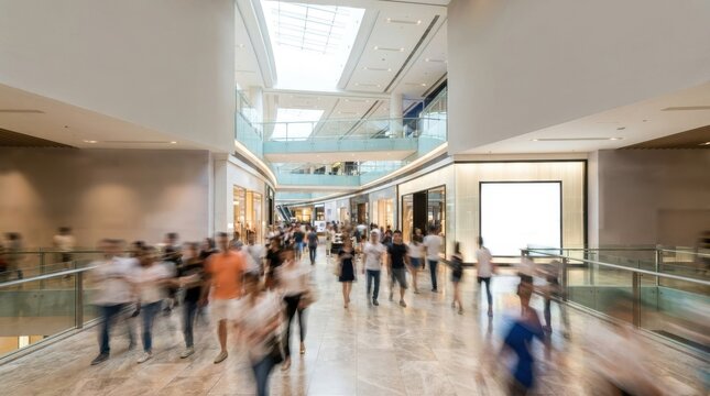 Motion blur of unrecognizable crowd of people walking fast in modern shopping mall
