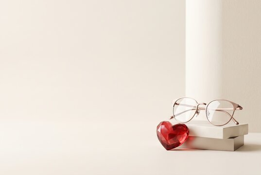 A pair of glasses rests on two stacked boxes next to a red heart decoration. The scene is simple, with a light beige background and a white column. It captures the essence of Valentine's Day