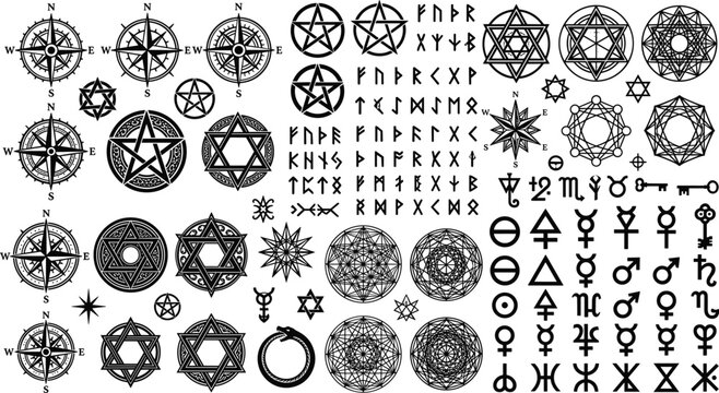 Mystical Occult Symbols Set Including Pentagrams Hexagrams Runes Vintage Compasses and Alchemy Signs Isolated