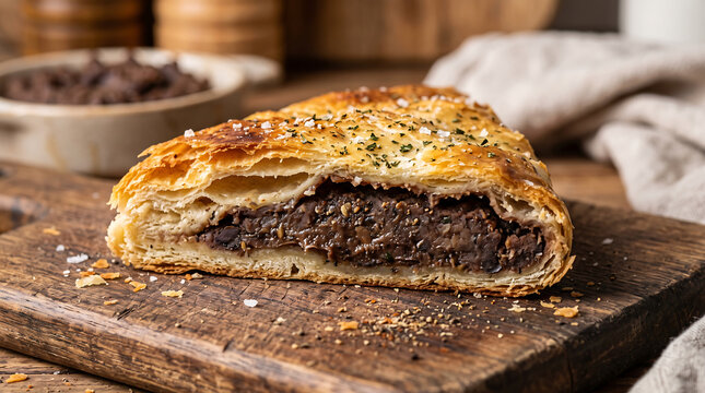 Slice of Freshly Baked Georgian Lobiani Flatbread Stuffed with Spiced Mashed Red Beans Close-Up