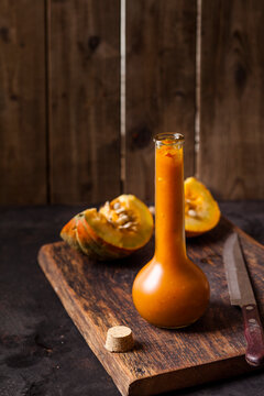 Homemade pumpkin ketchup in a glas bottle