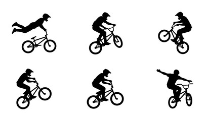 Fototapeta premium BMX Bike Rider Silhouettes, Extreme Sports Action Poses, Bicycle Freestyle Vector Set