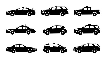 Police Car Icons Set, Law Enforcement Vehicle Silhouettes, Emergency Service Transport Collection © Sreya