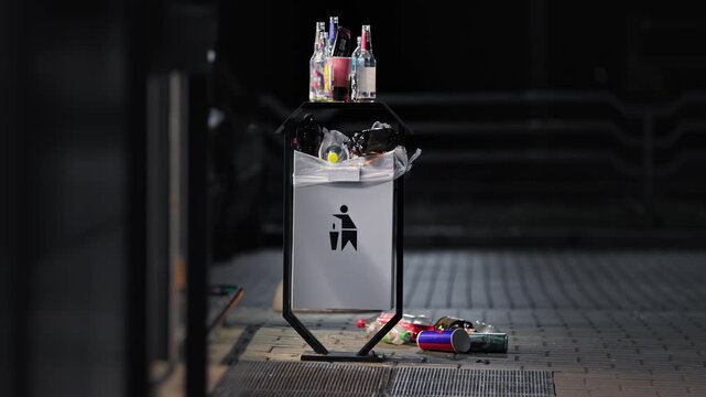 Outdoor garbage can overflowing with empty plastic glass soda beer bottles, night outside store entrance, waste disposal problem. Pollution concept