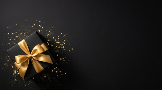 Top view flat lay of black gift box with gold ribbon and confetti on dark background