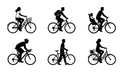 Naklejka premium Bicycle Silhouettes: Diverse Riders, Urban Commute, Family Cycling, Sport Cycling, Vector Icons