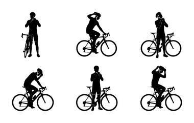 Naklejka premium Cyclist Silhouettes: Six Poses, Bicycle Action, Sport & Fitness Vector Set