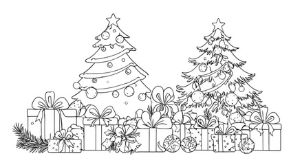 Obraz premium A festive black and white illustration of two decorated Christmas trees surrounded by numerous wrapped gifts and pine branches.