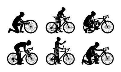Naklejka premium Cyclist Silhouette Set, Bicycle Maintenance Icons, Sport Training Poses, Vector Graphics