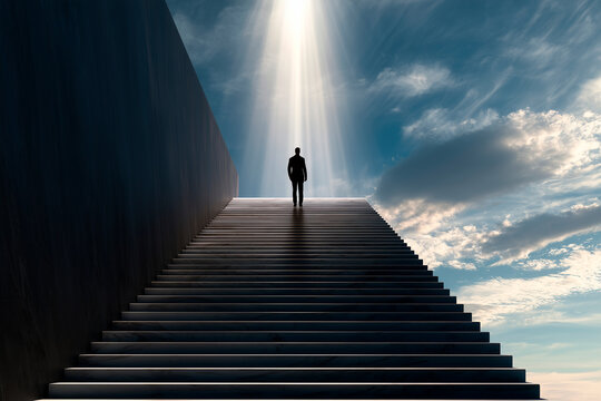 Silhouette of a man standing at the base of a marble staircase with sunbeams through a cloudy sky in a minimalist architectural space