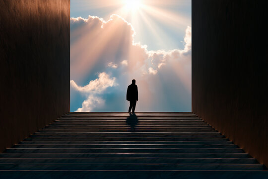 Silhouette of a man standing at the base of a marble staircase with sunbeams through a cloudy sky in a minimalist architectural space