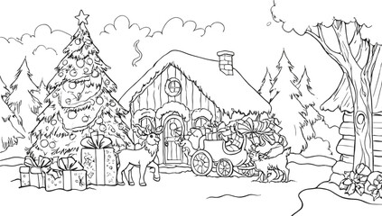 Fototapeta premium A charming winter scene depicts a decorated Christmas tree, presents, a reindeer, and a horse-drawn carriage outside a cozy, snow-covered cottage.
