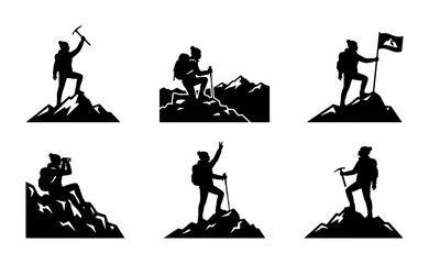 Fototapeta premium Mountain Climbing Silhouettes, Summit Success, Adventure Vector Icons, Outdoor Exploration Graphics