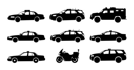 Police Car Icons, Law Enforcement Vehicles Vector Set, Security Patrol Transport Collection © Sreya
