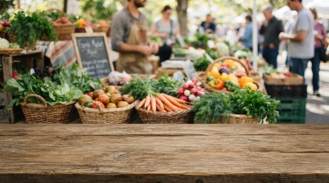 Vibrant farmers market scene showcasing fresh organic vegetables, fruits, and greens on rustic wooden tables, ideal for food blogging, restaurant menus, or healthy lifestyle marketing campaigns.
