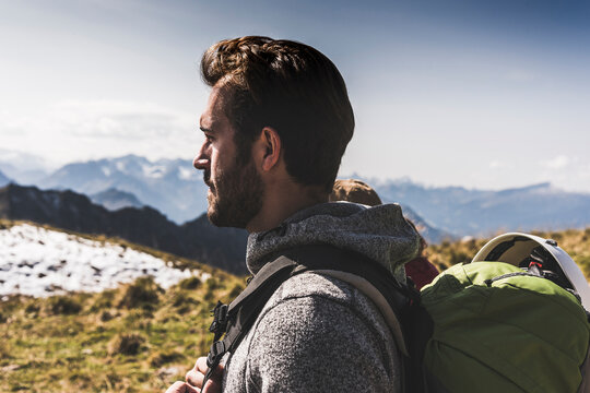 Germany, Bavaria, Oberstdorf, hiker in alpine scenery